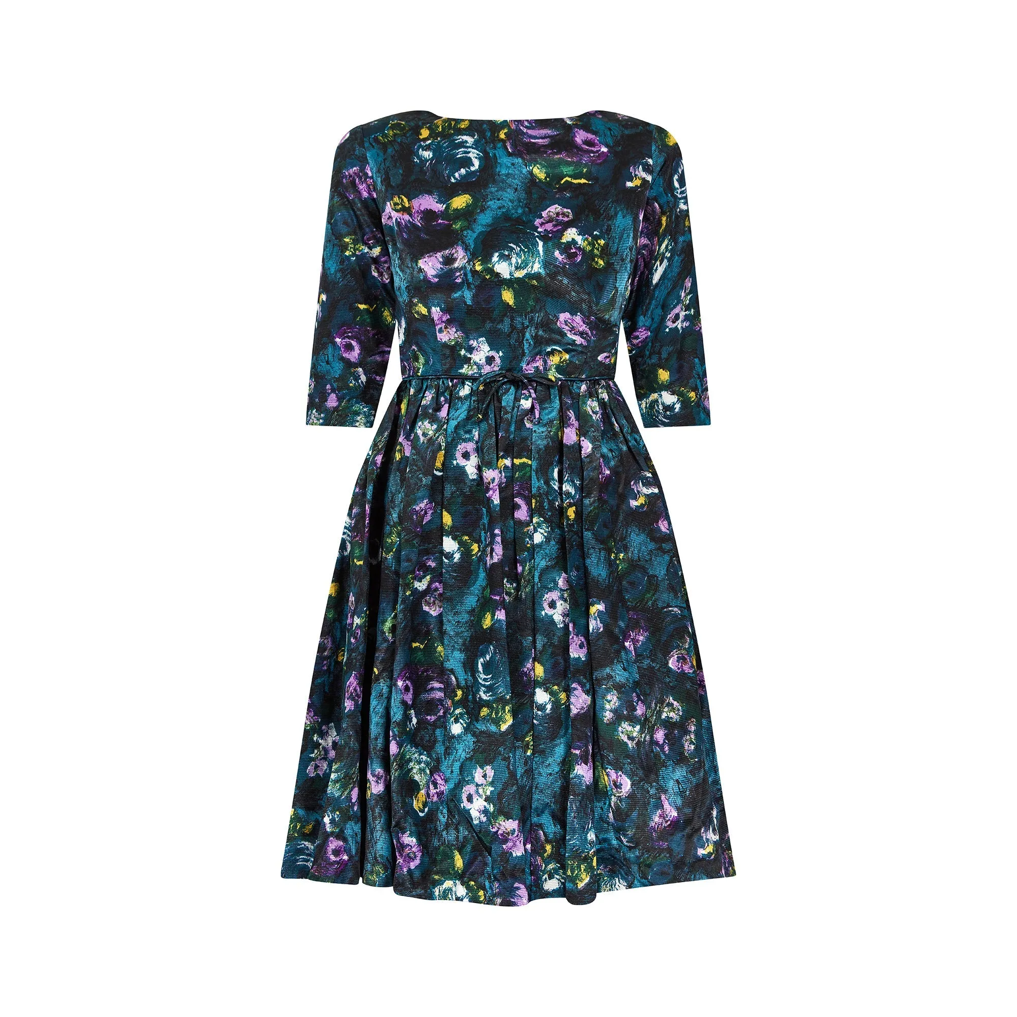 1960s Teal Blue Floral Three Quarter Sleeve Dress