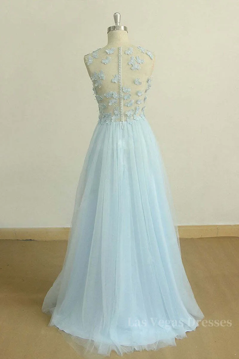 A Line Round Neck Baby Blue Lace Long Prom Dress with Butterfly, Baby Blue Lace Formal Graduation Evening Dress