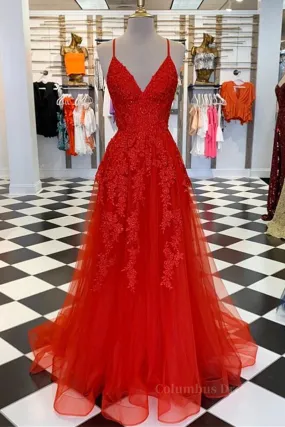 A Line Spaghetti Straps V Neck Red Lace Long Prom Dress, Red Lace Formal Dress, Red Evening Dress