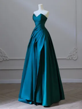 A-Line Strapless Satin Peacock Blue Long Prom Dress, Simple Peacock Blue Evening Dress