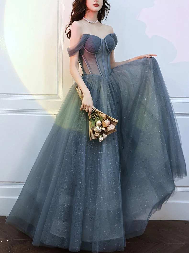 A-line Sweetheart Neck Gray Blue Tulle Long Prom Dress Blue Evening Dress