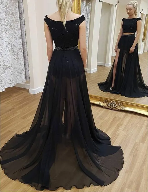 A line Two Piece Detachable Black Prom Dresses Sequin Short Sleeves Chiffon Formal Dress