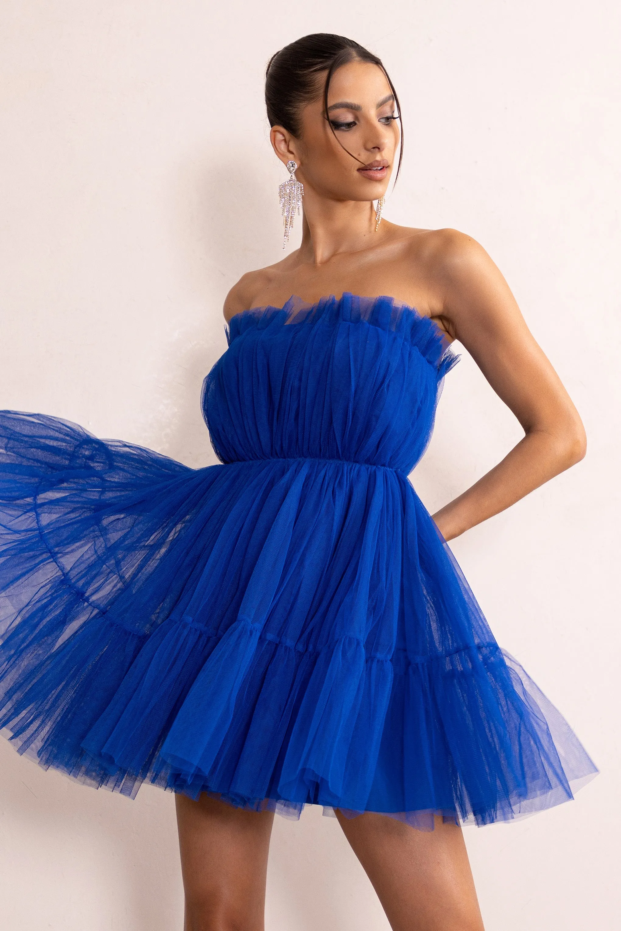 Aella | Cobalt Blue Bandeau Volume Pleated Tulle Mini Dress