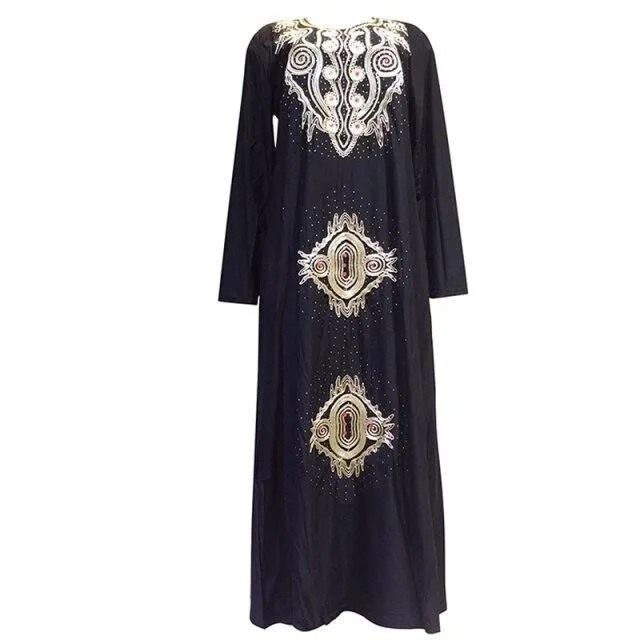 African Dubai Muslim Women's Knitted Black Embroidered Abaya Dress