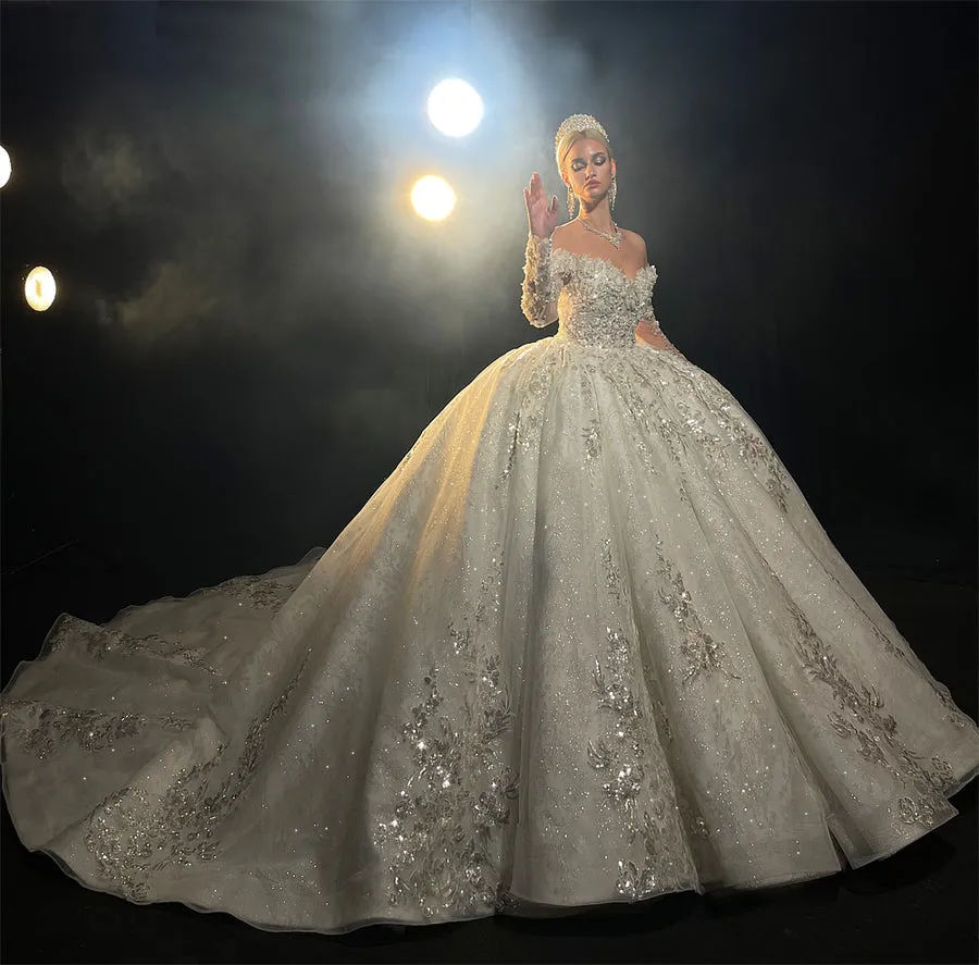 AM1180 Off Shoulder ruffles Lace crystal Appliqued luxury ball gown Wedding dress