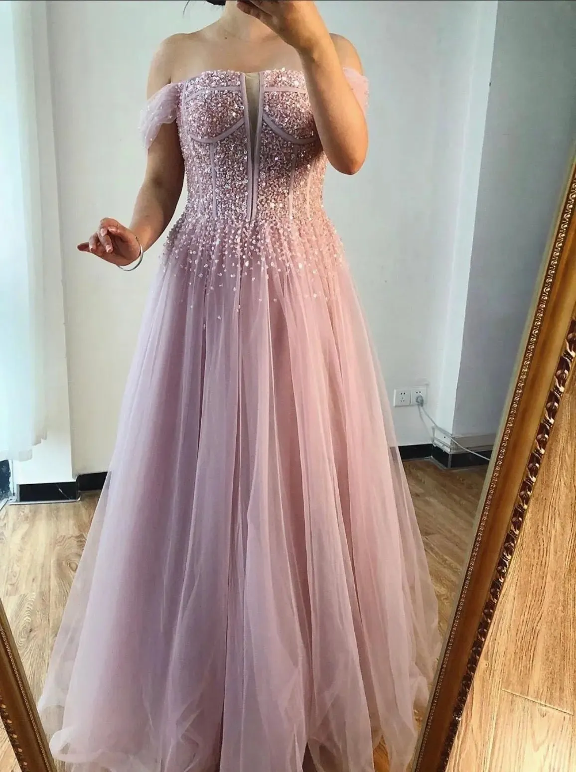 Amey Off Shoulder Beading Sparkle Formal Dress