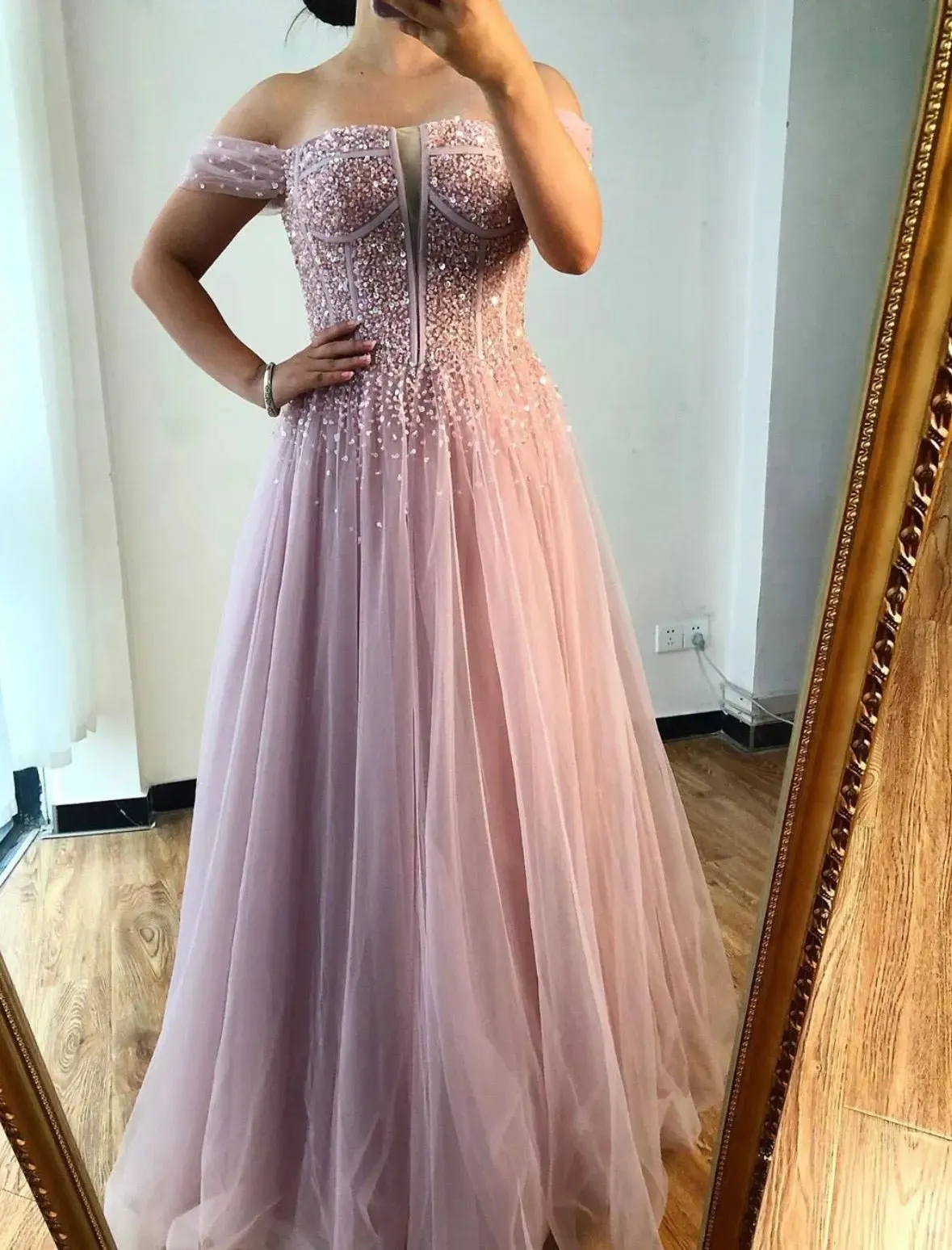 Amey Off Shoulder Beading Sparkle Formal Dress