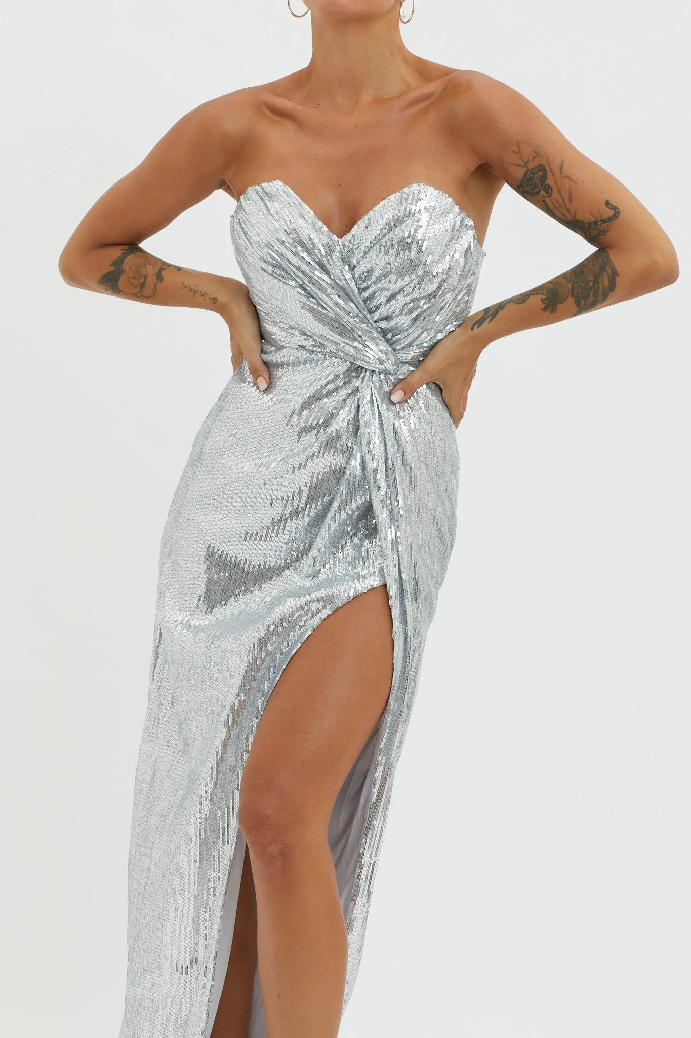 Angel Energy Strapless Sequin Maxi Dress Silver