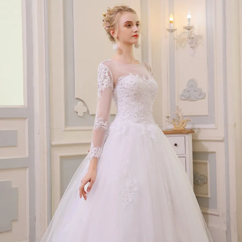 Arabic Dubai A-Line Gown Long Sleeves Big Train Lace Wedding Dress