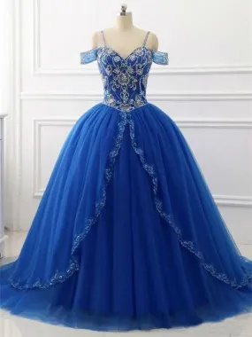 Ball Gown Off the Shoulder Royal Blue Quinceanera Dresses Beaded V Neck Prom Dresses