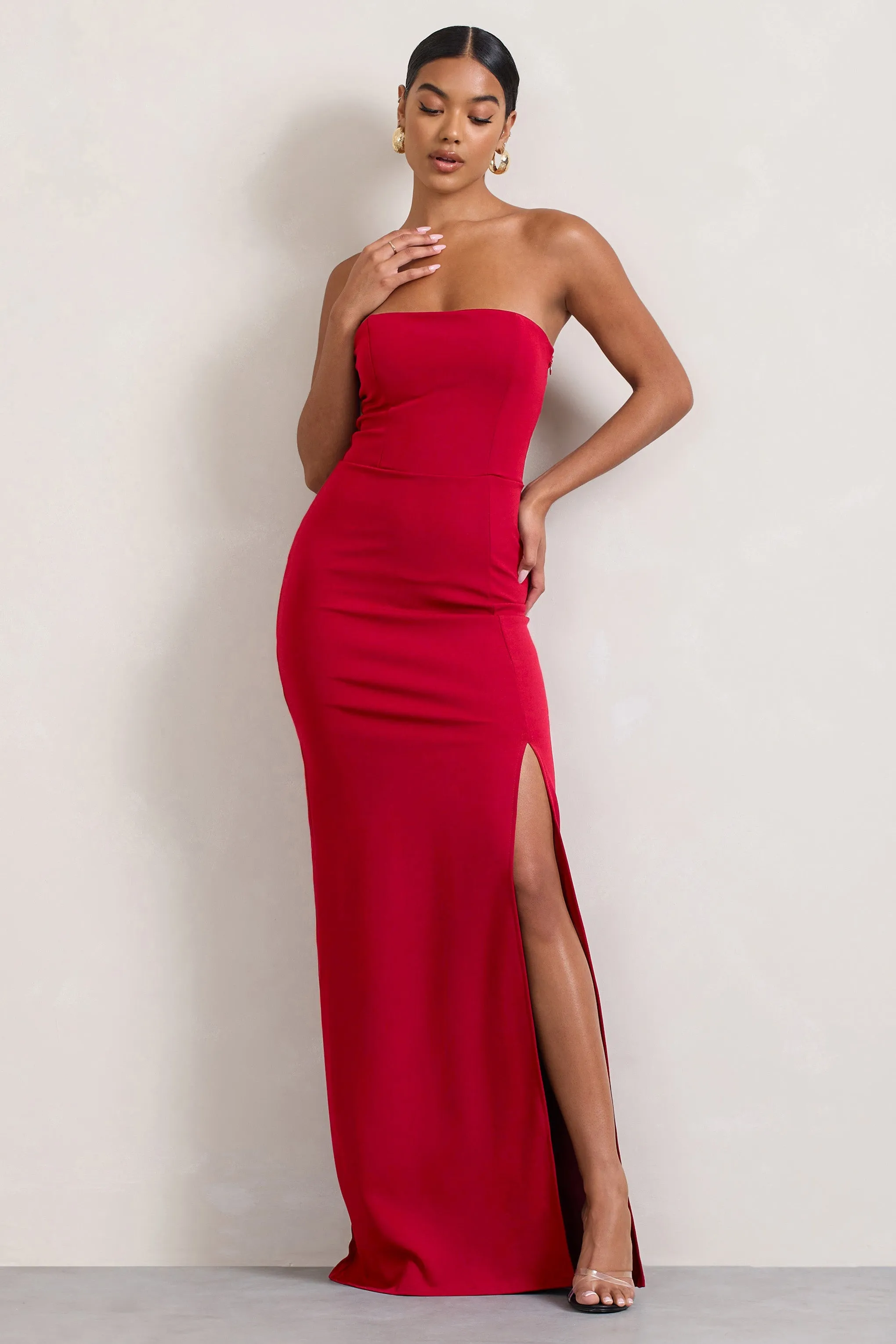 Belle of The Ball | Red Bandeau Maxi Dress With Split Hem