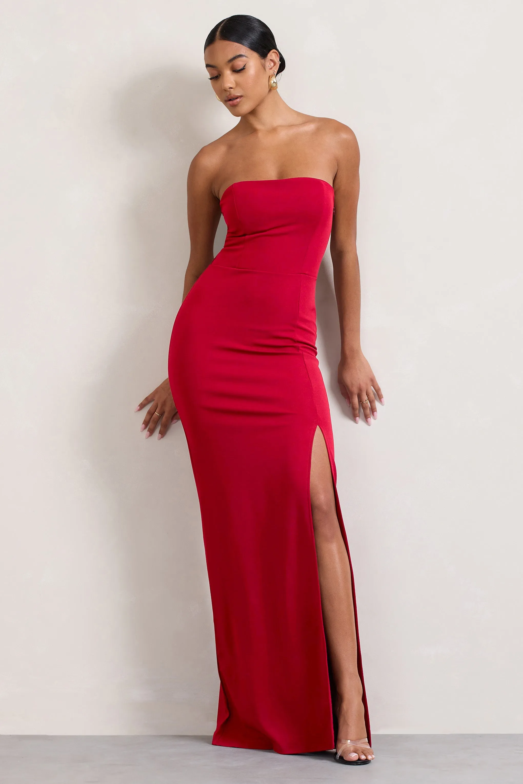 Belle of The Ball | Red Bandeau Maxi Dress With Split Hem