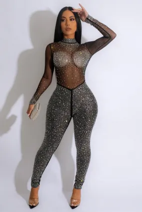 Black See Through Rhinestones Jumpsuit Long Sleeve