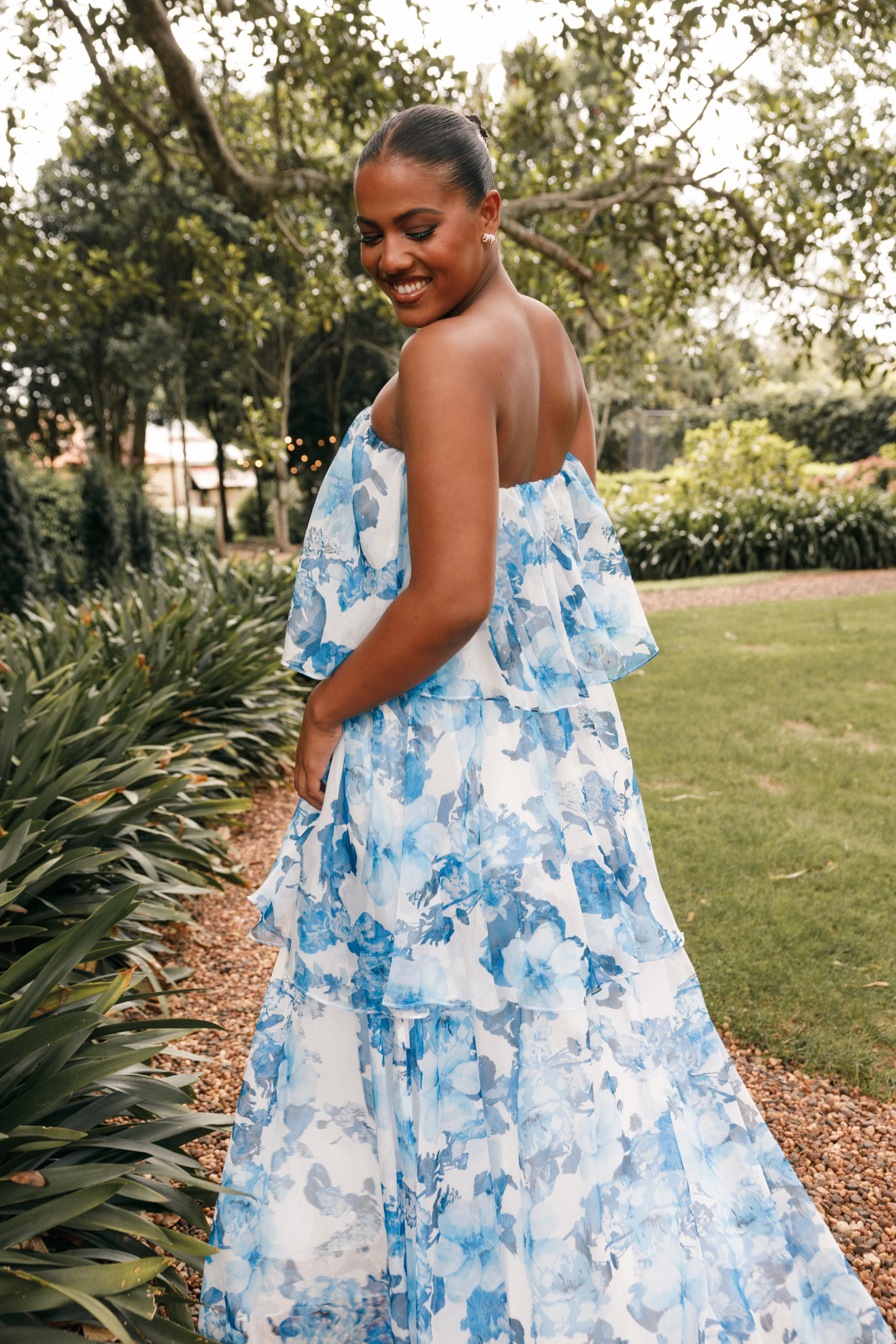 Bloom Strapless Maxi Dress - Blue White Floral