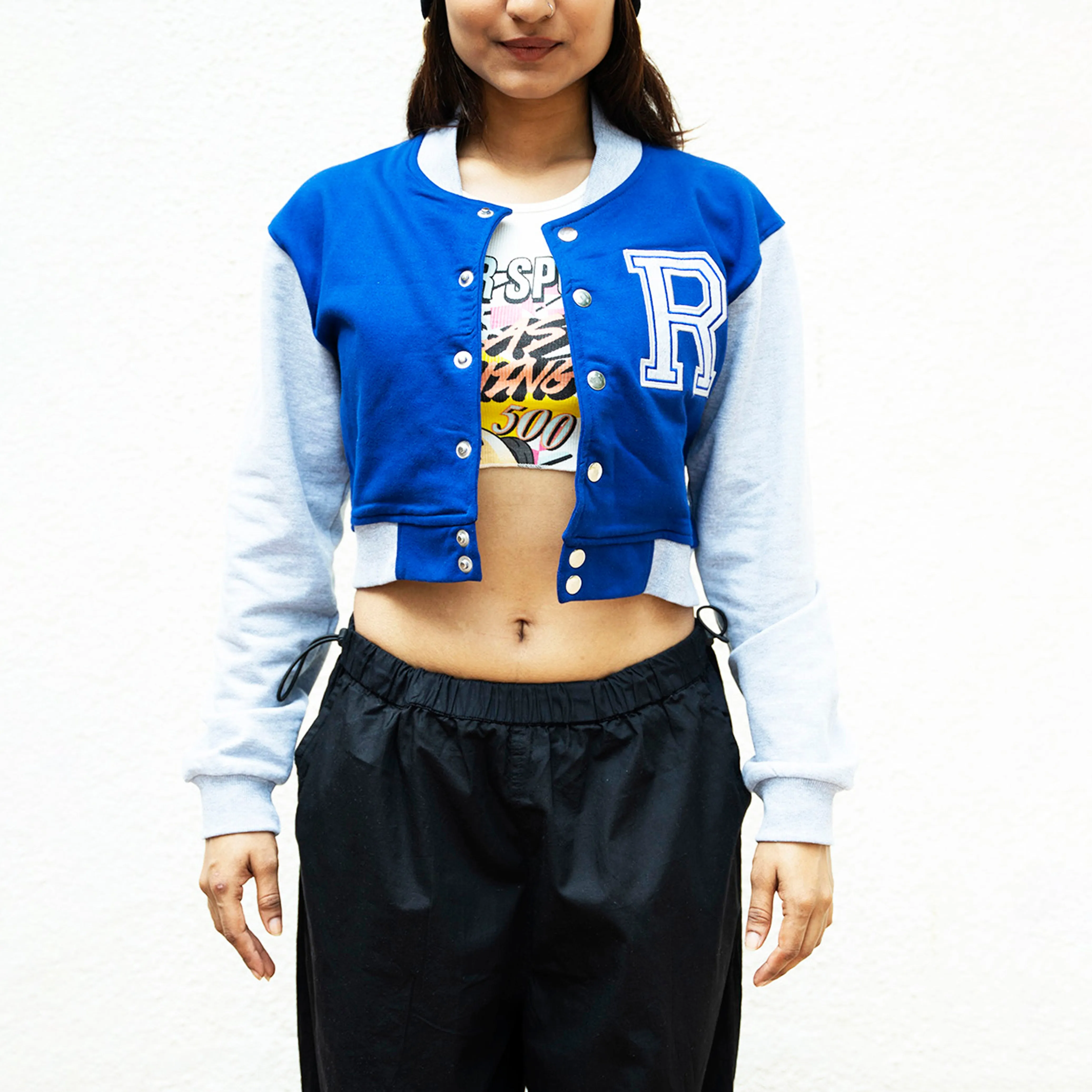 Blue Crop Varsity Jacket