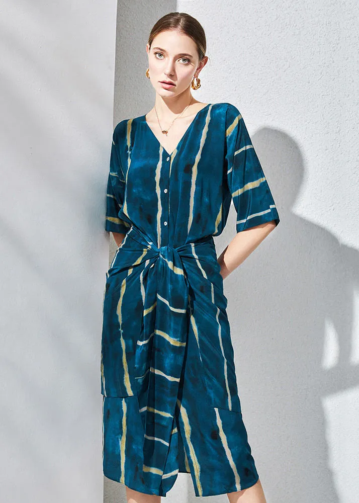 Blue Silk Striped Half Sleeve Dress