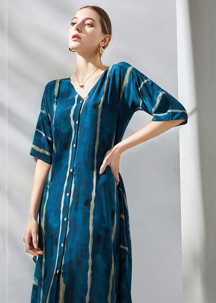 Blue Silk Striped Half Sleeve Dress