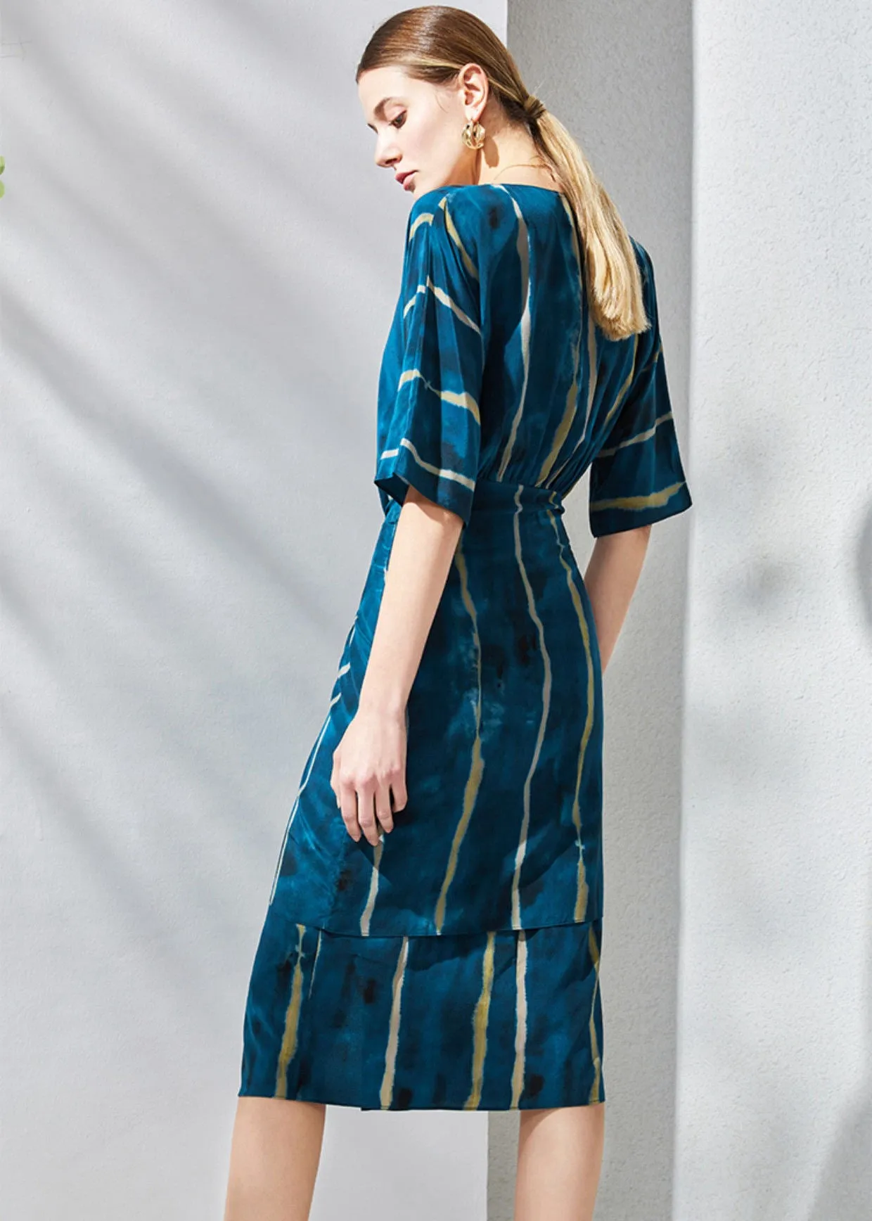 Blue Silk Striped Half Sleeve Dress