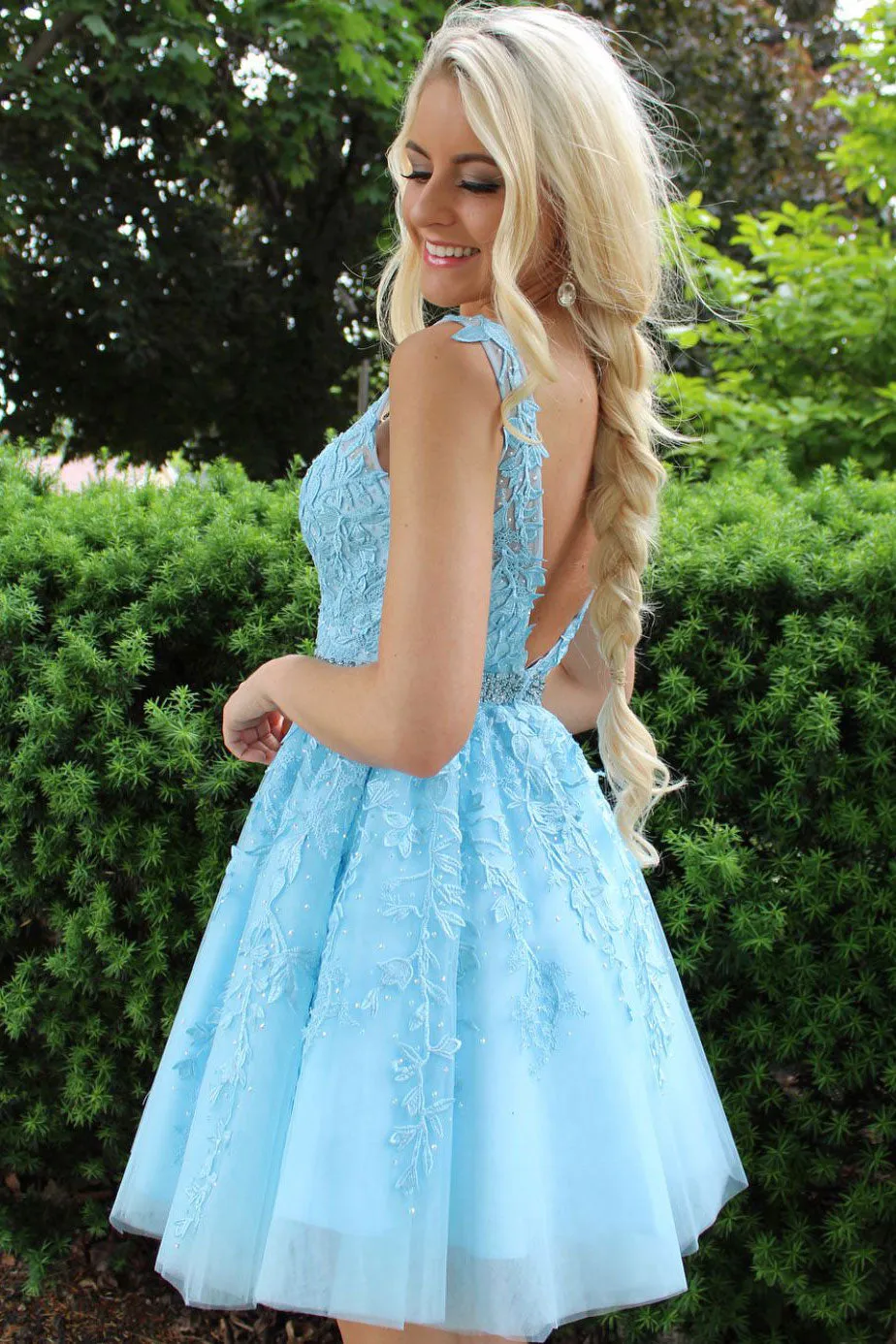 Blue tulle lace short prom dress, blue homecoming dress