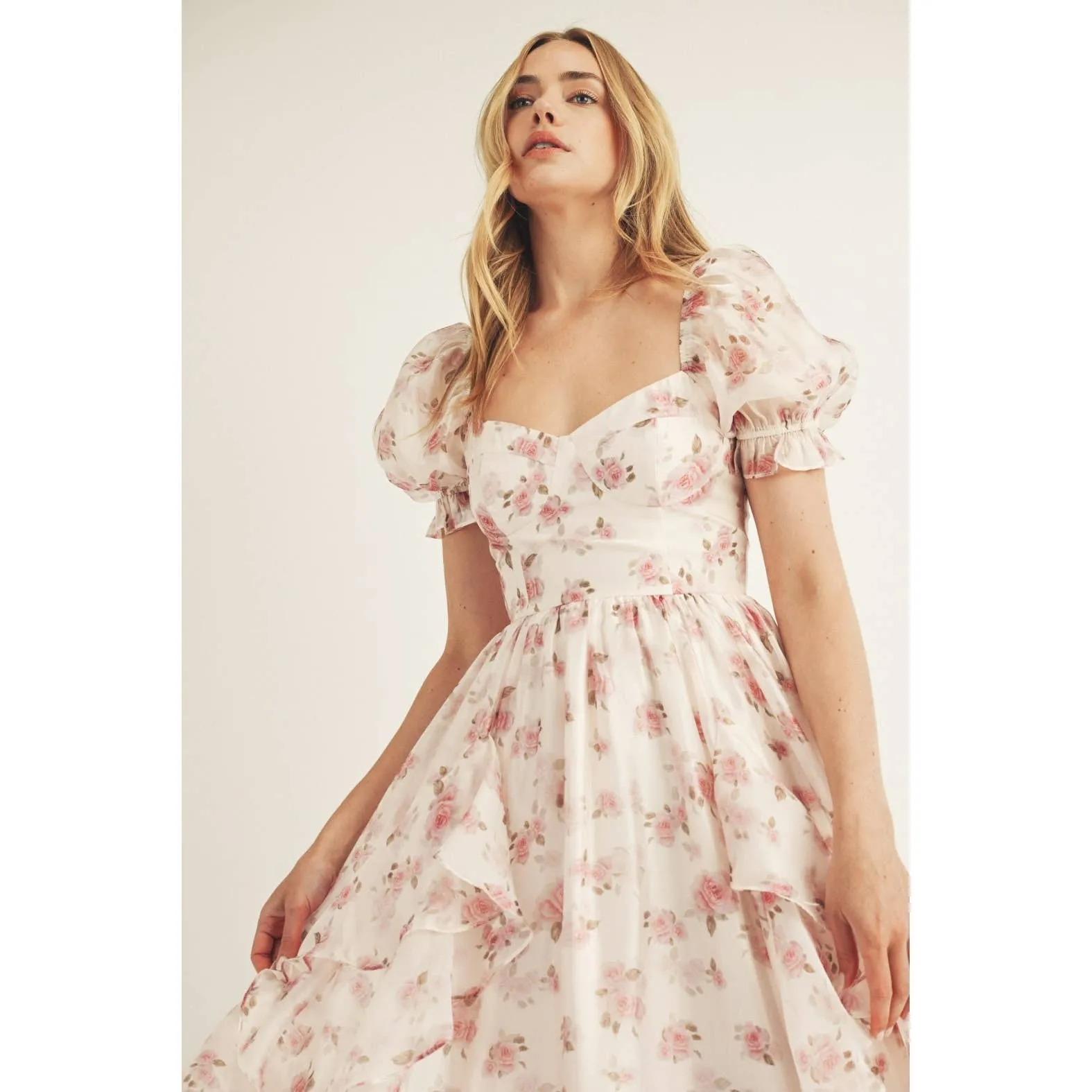 Blush/Pink Rose Print Bustier Midi Dress