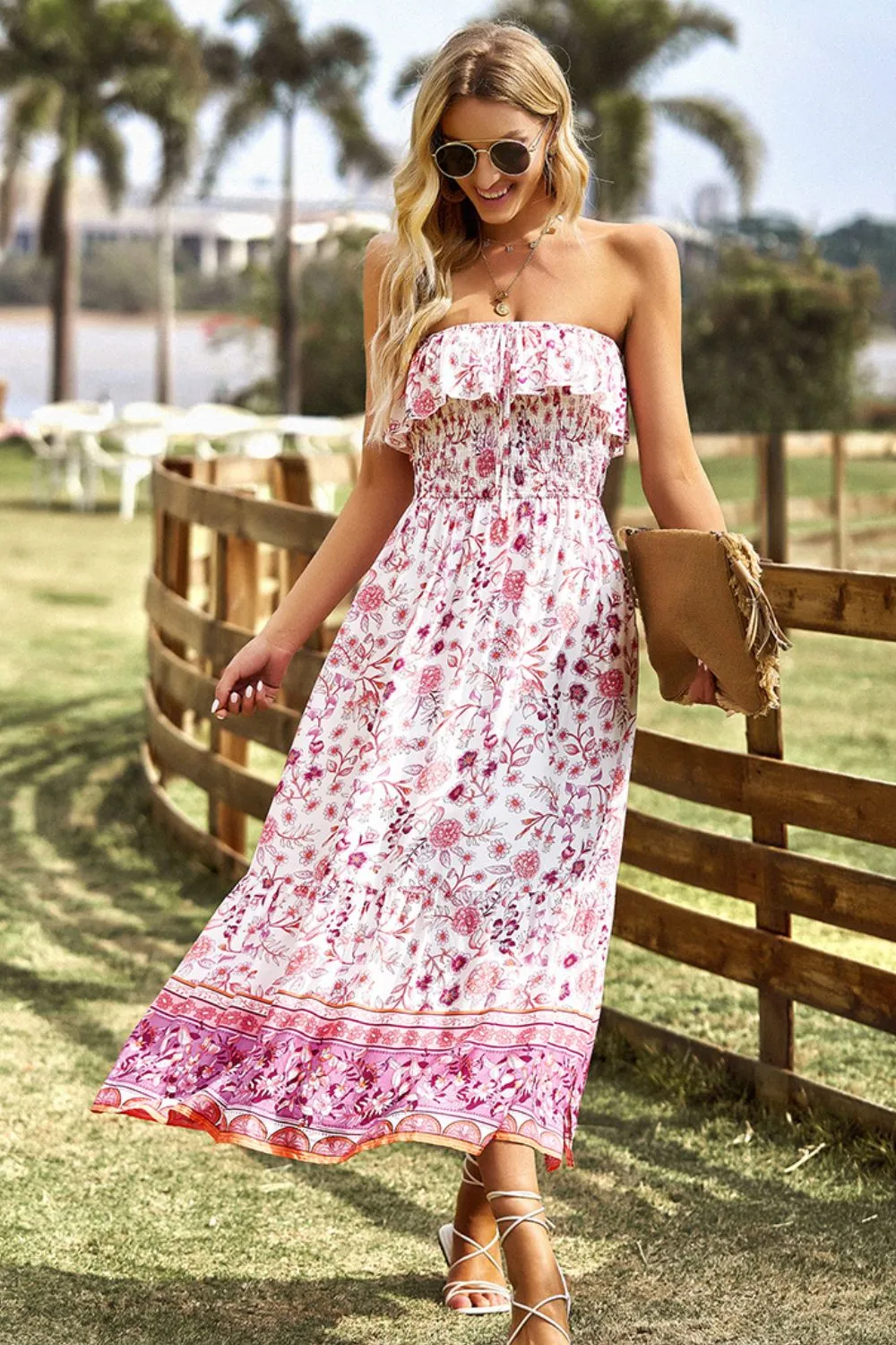 Bohemian Strapless Slit Midi Dress