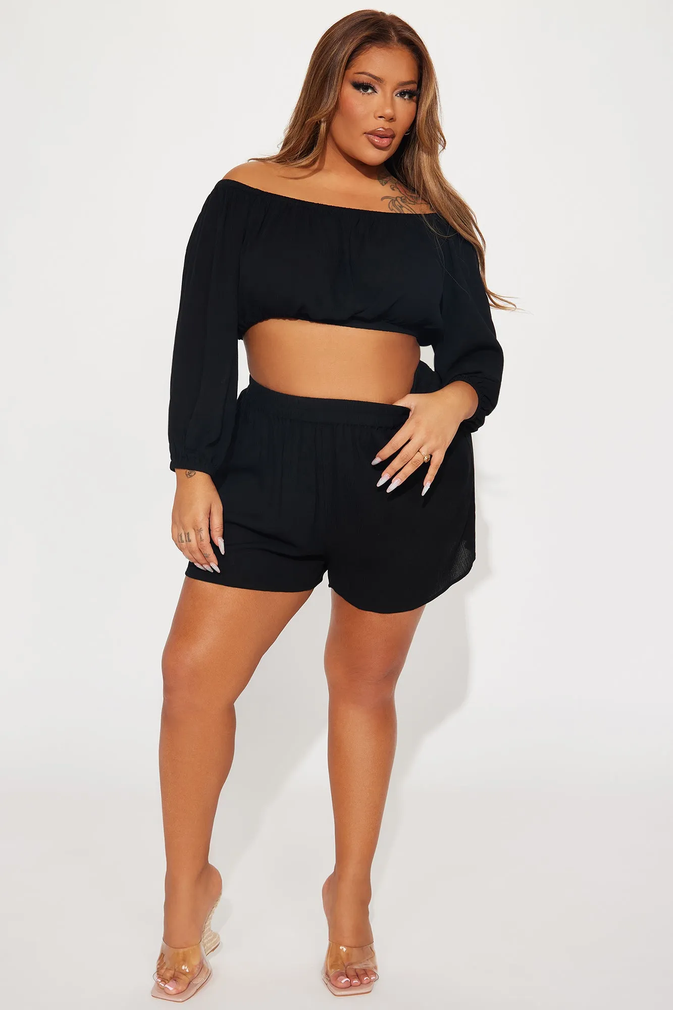 Breezy Paradise Linen Off Shoulder Cover Up Shorts Set - Black