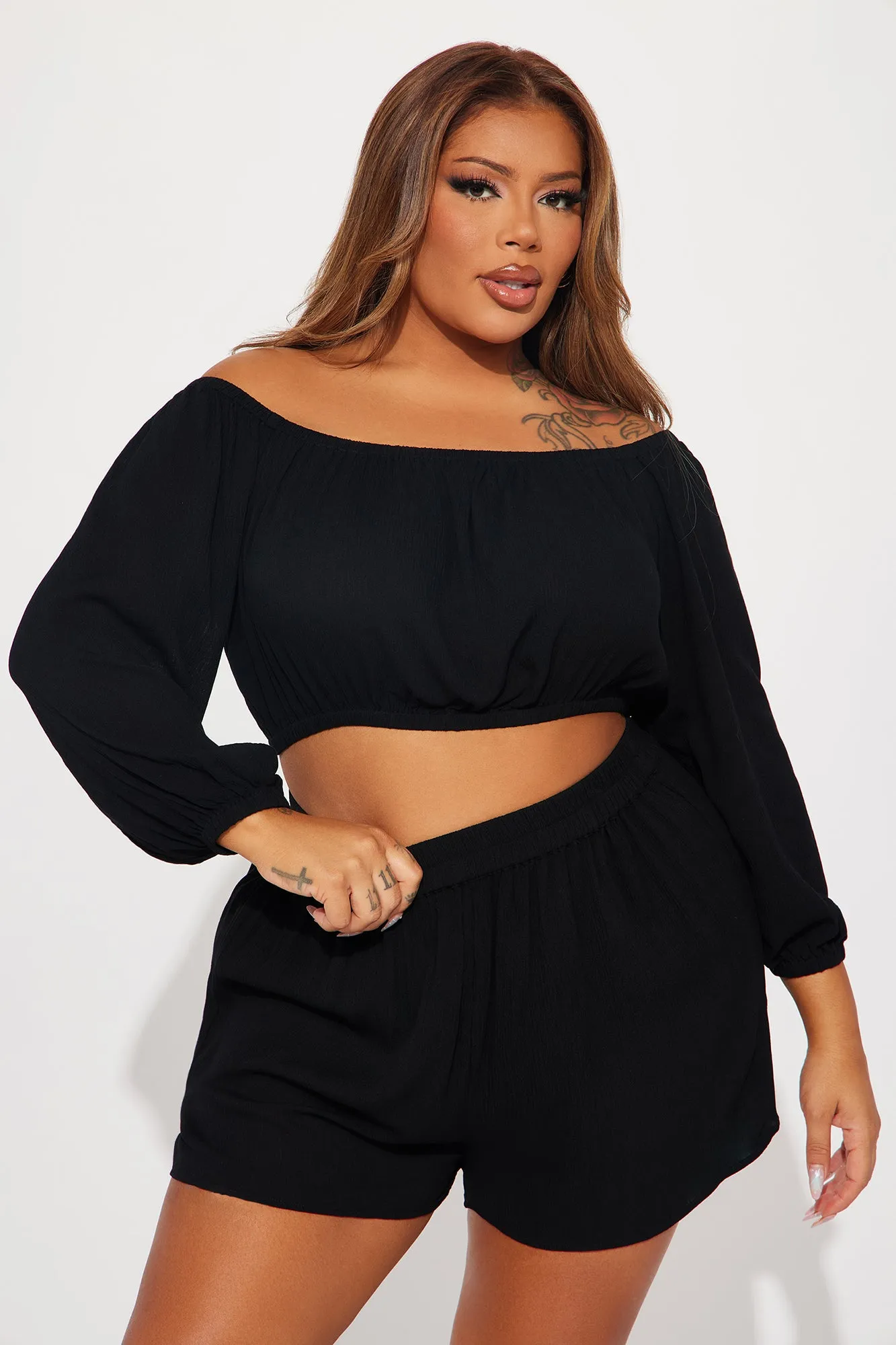 Breezy Paradise Linen Off Shoulder Cover Up Shorts Set - Black