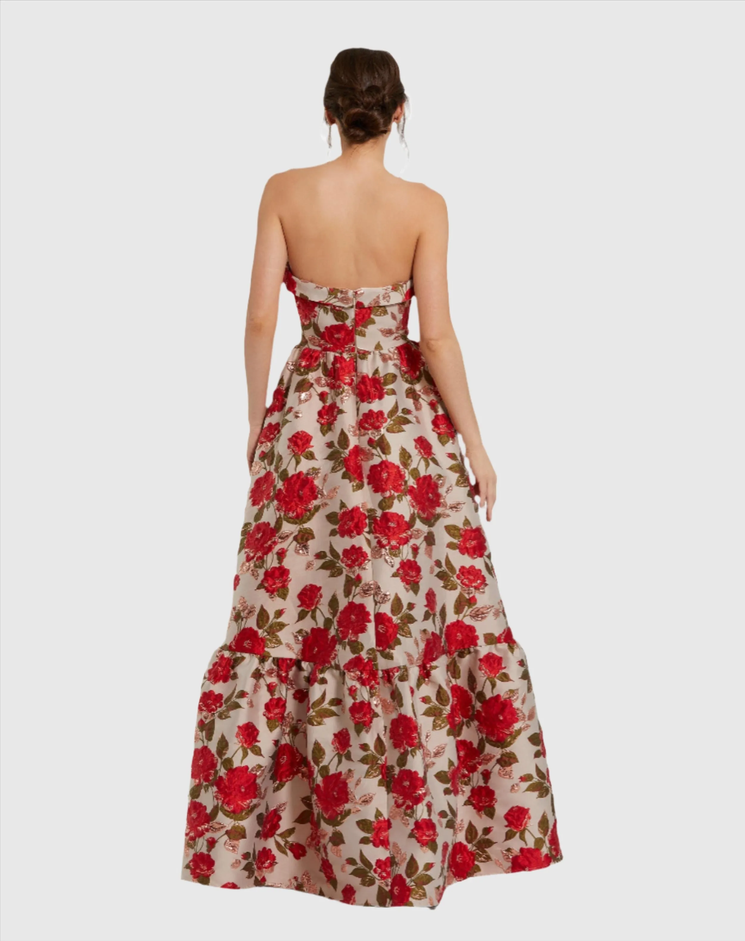 Brocade Strapless Floral Gown With Ruffle Hem