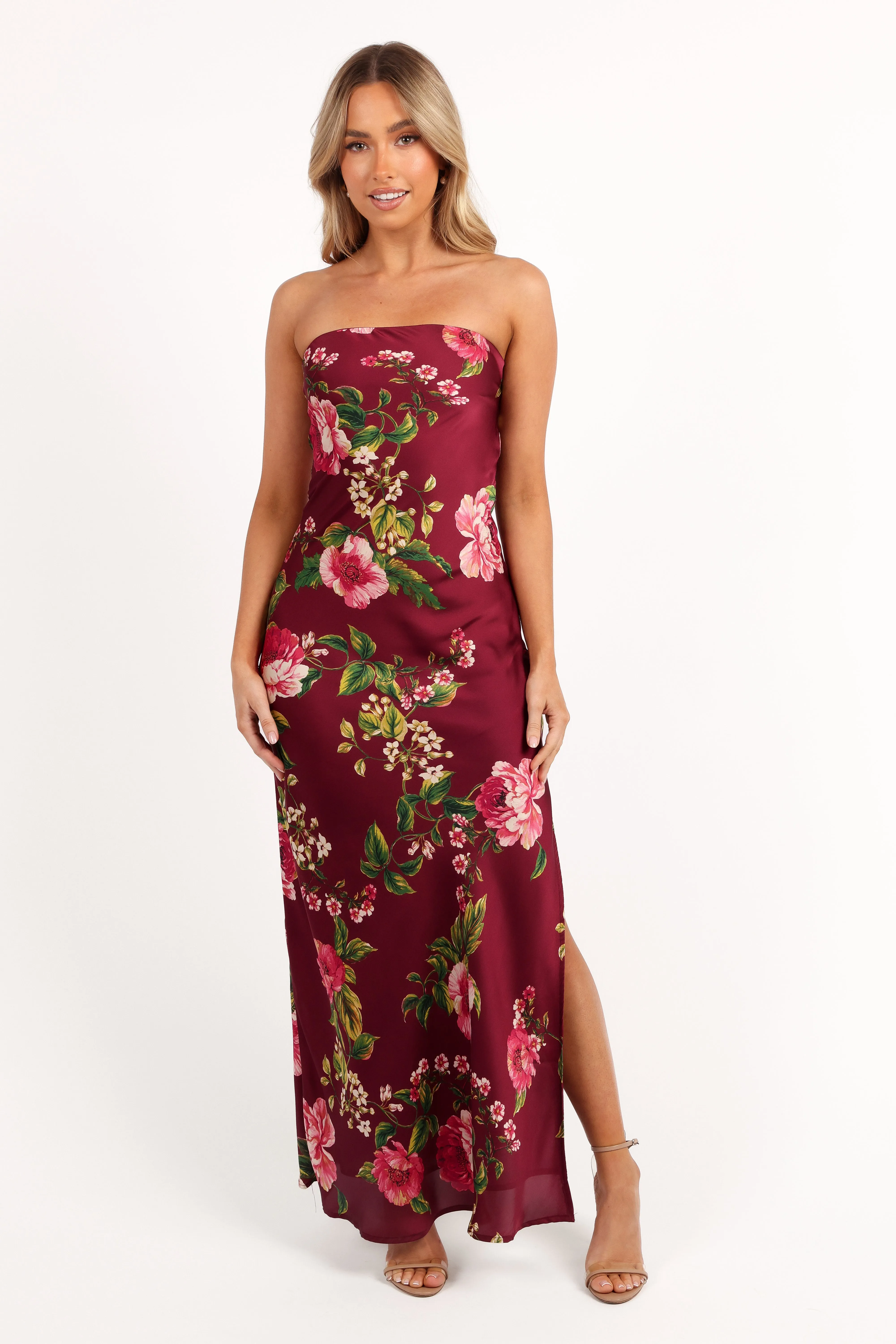 Bryden Maxi Strapless Dress - Burgundy Floral