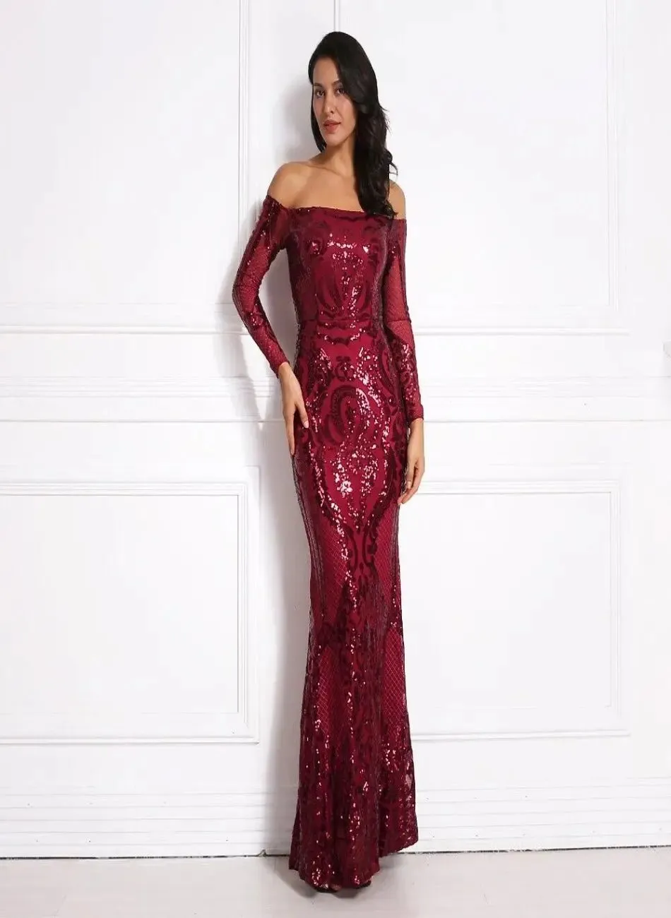 Burgundy Sequin Off Shoulder Maxi Dress