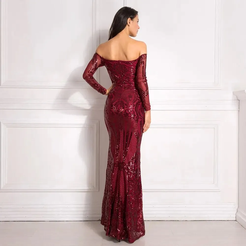 Burgundy Sequin Off Shoulder Maxi Dress