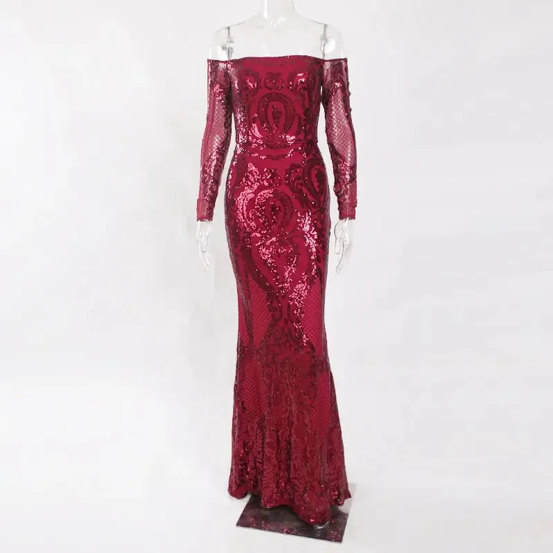 Burgundy Sequin Off Shoulder Maxi Dress