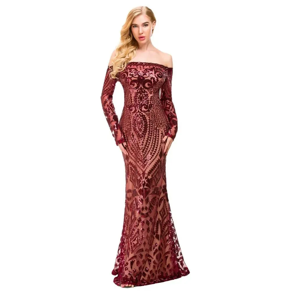 Burgundy Sequin Off Shoulder Maxi Dress