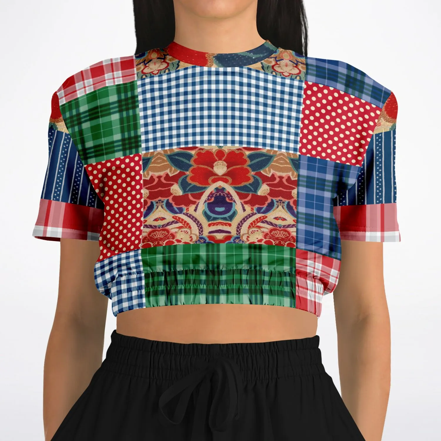 Busan Fleur Floral Plaid Patchwork Short Sleeve Cropped Eco-Poly Sweater