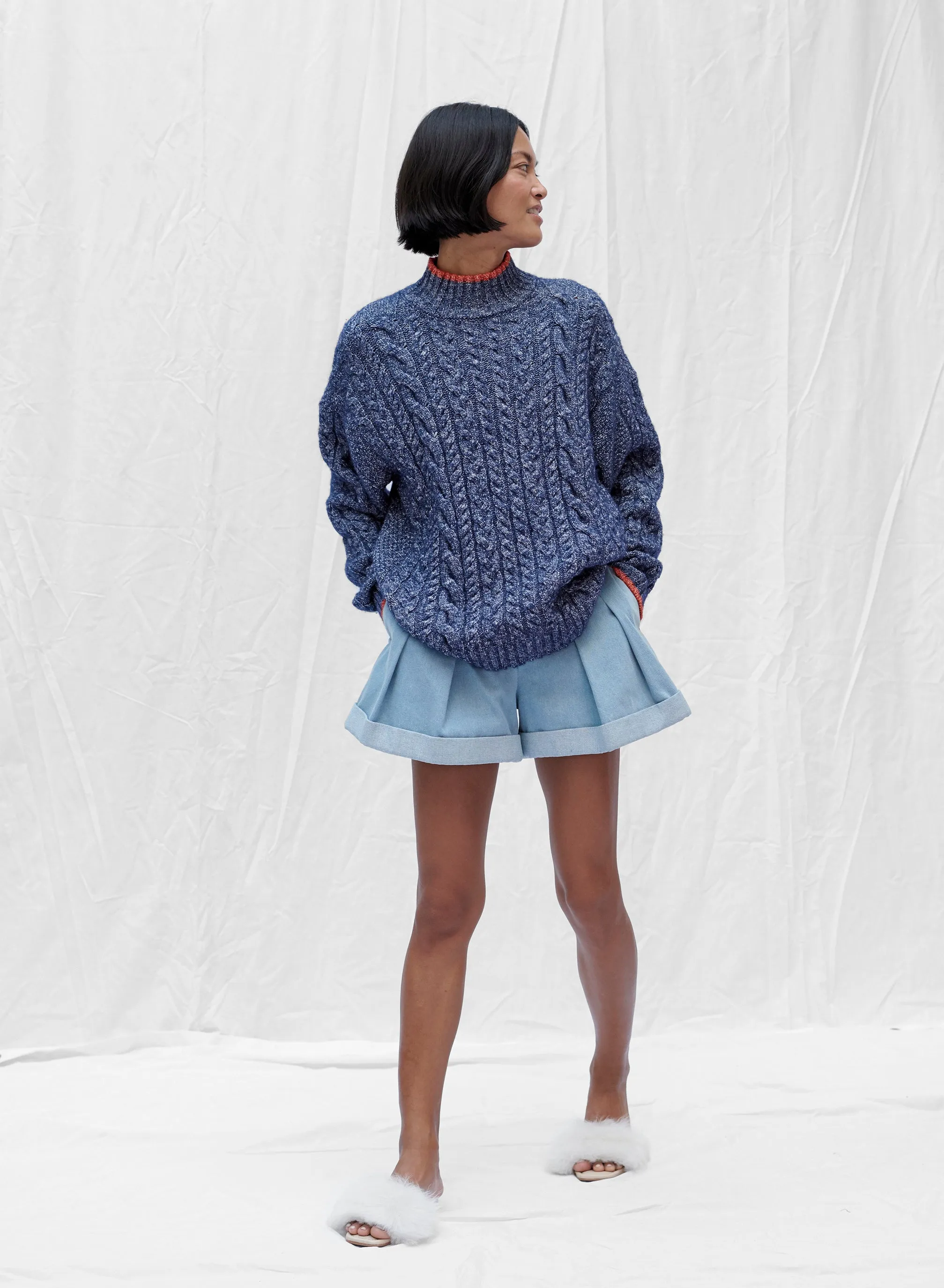 Cable Knit Sweater in Blue Melange