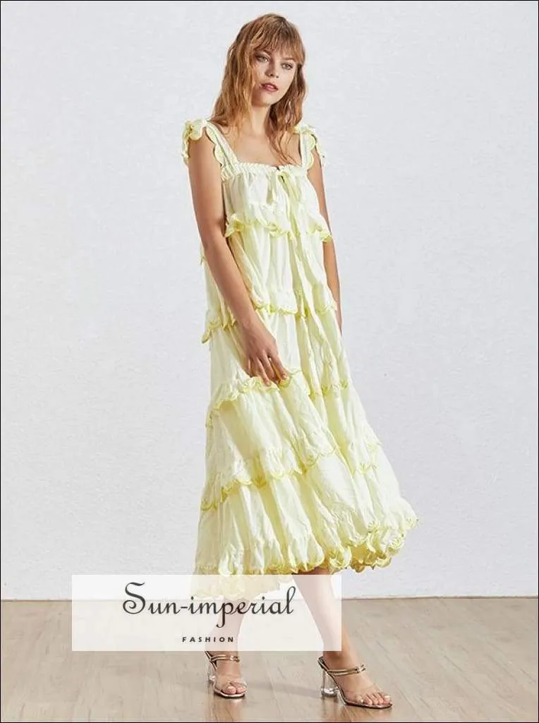 Cake Dress- Yellow Lace Beach Oversized Pleated Vintage Tie Dye Strap Summer Cake Dress