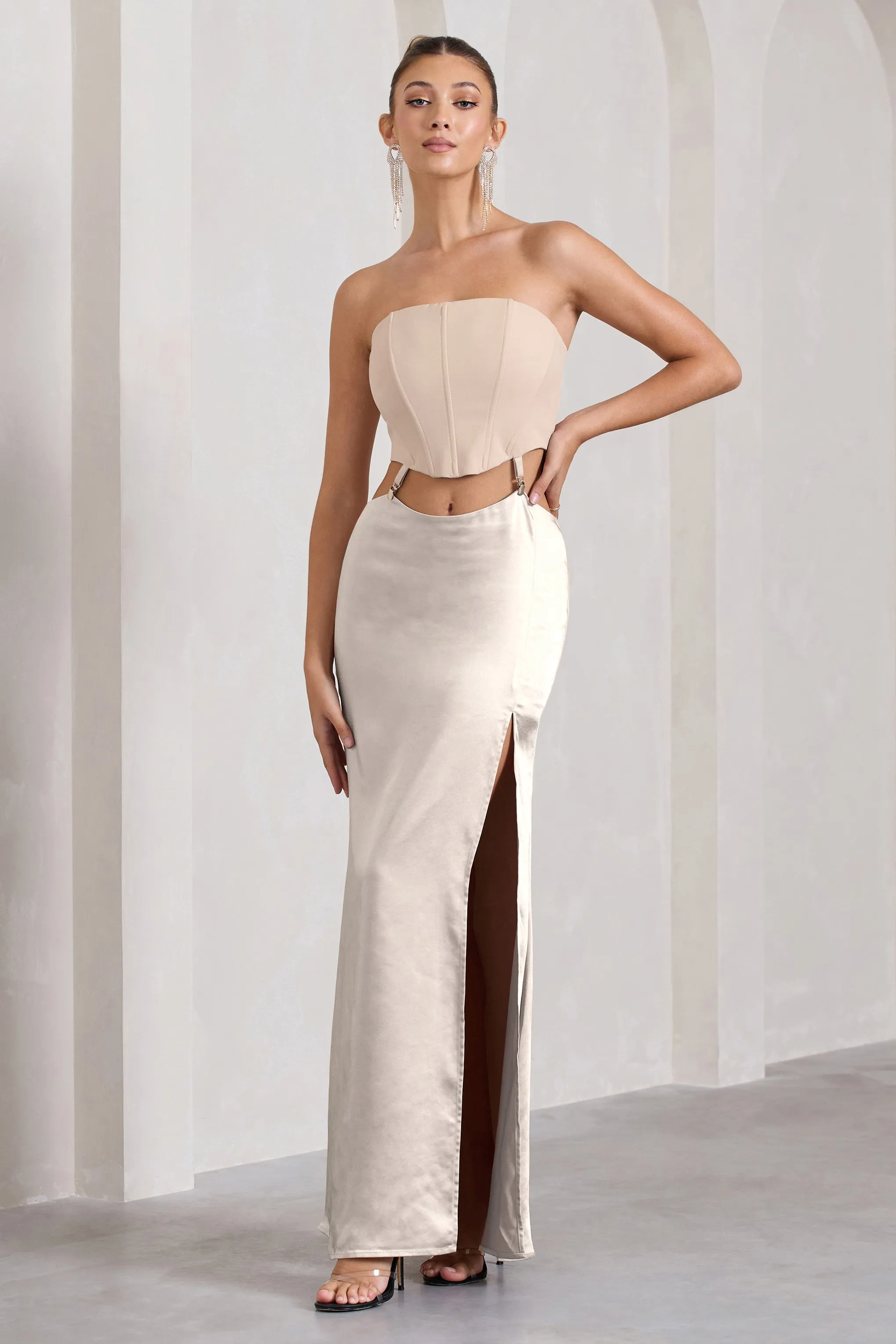 Champagne Showers | Nude Satin Strapless Split Maxi Dress