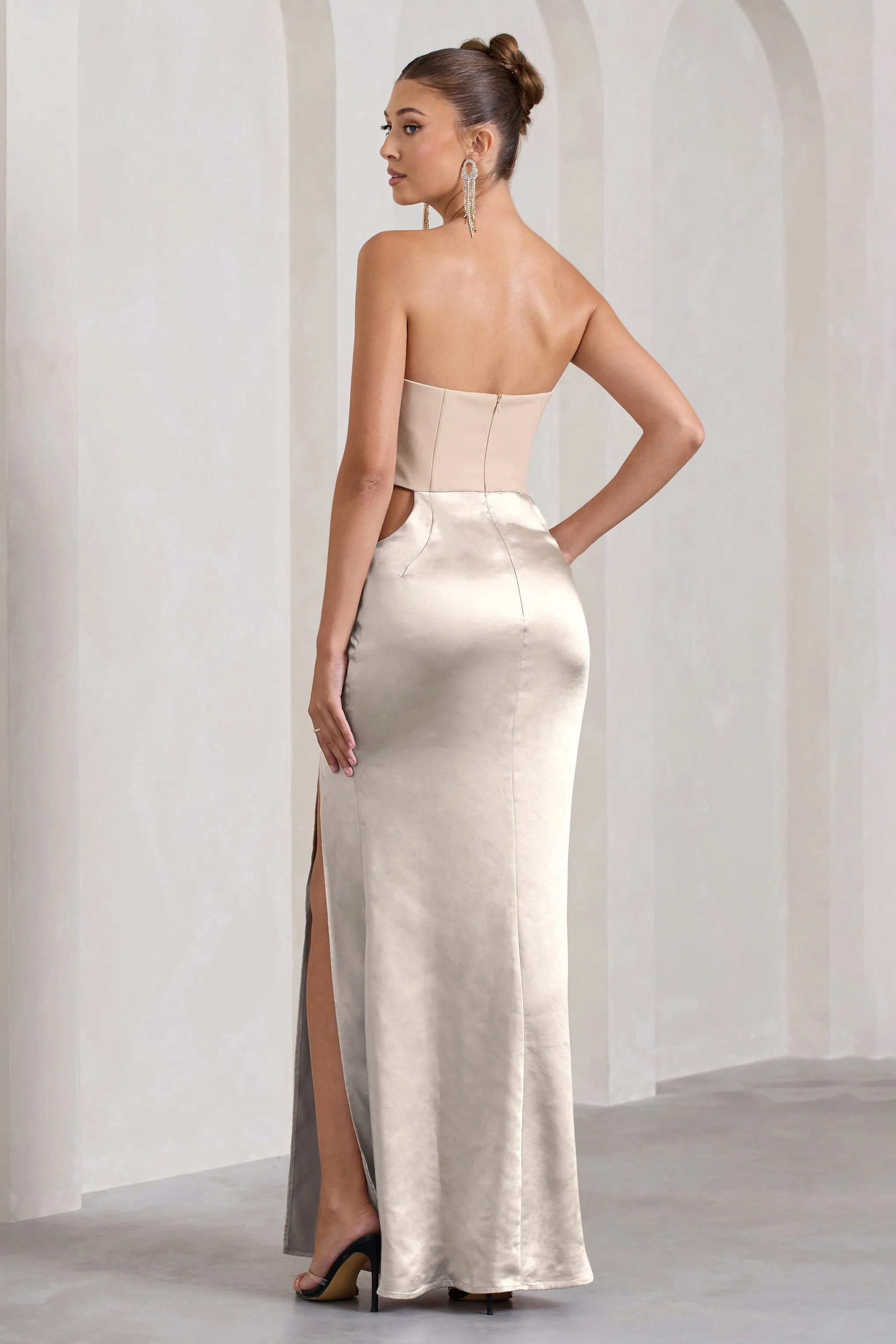 Champagne Showers | Nude Satin Strapless Split Maxi Dress