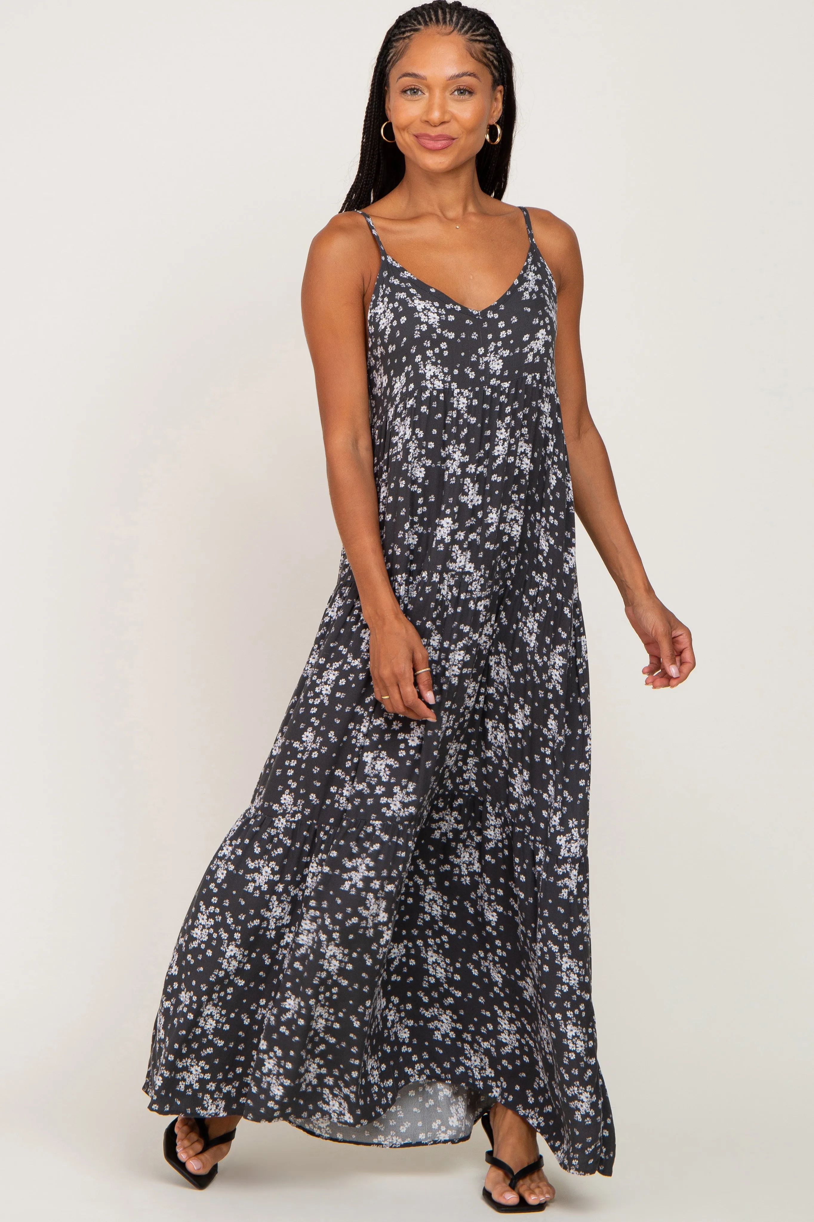 Charcoal Floral Sleeveless Tiered Maternity Maxi Dress