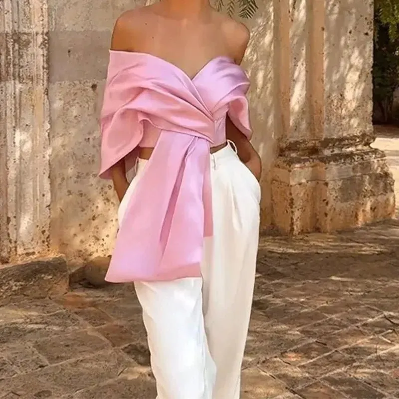 Chic Pink Satin Pleated Bow Crop Top