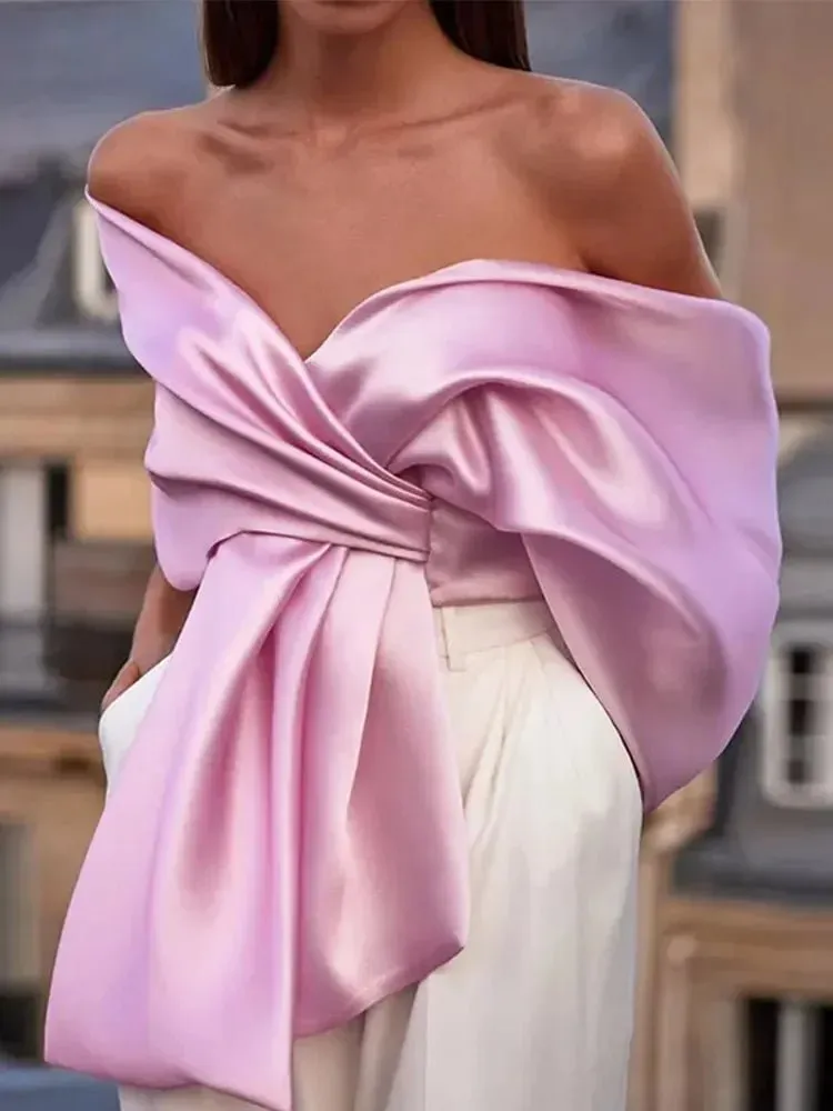 Chic Pink Satin Pleated Bow Crop Top