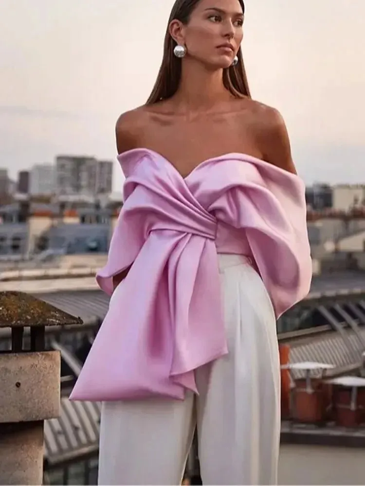 Chic Pink Satin Pleated Bow Crop Top