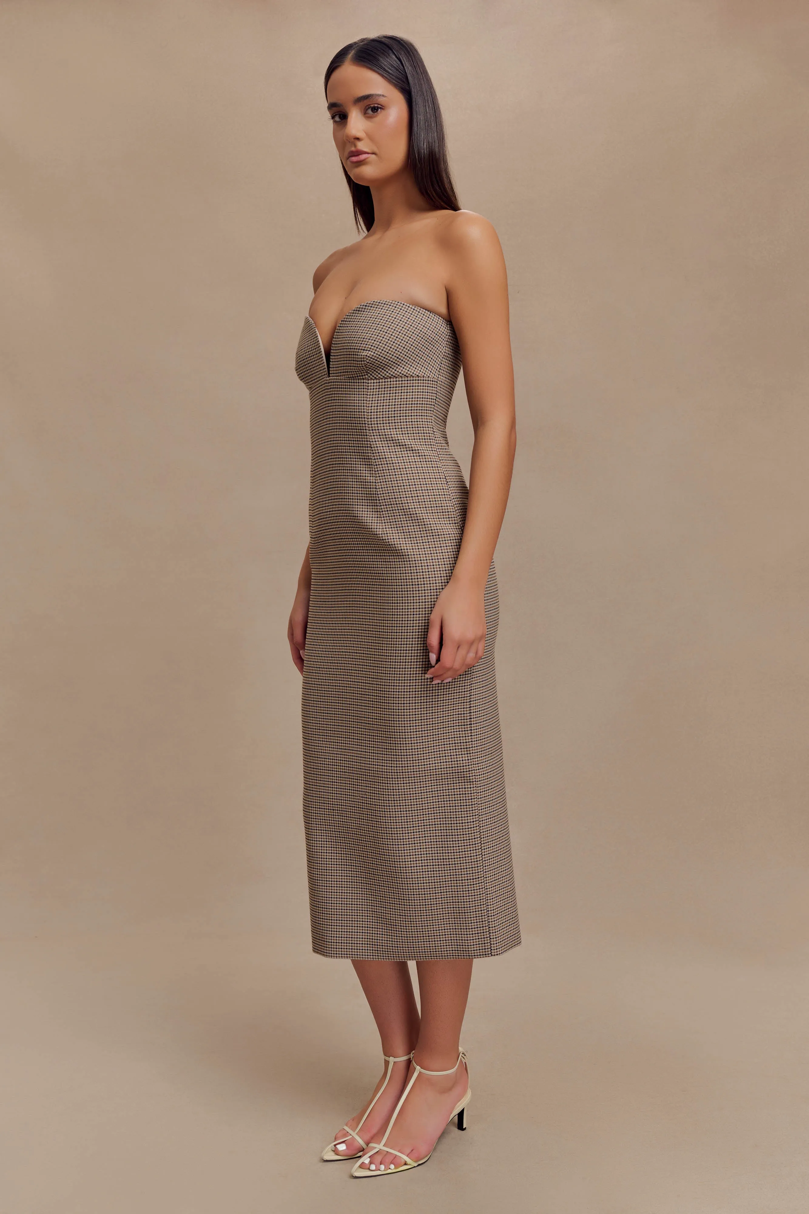 Christie Strapless Midi Dress - Tan Check