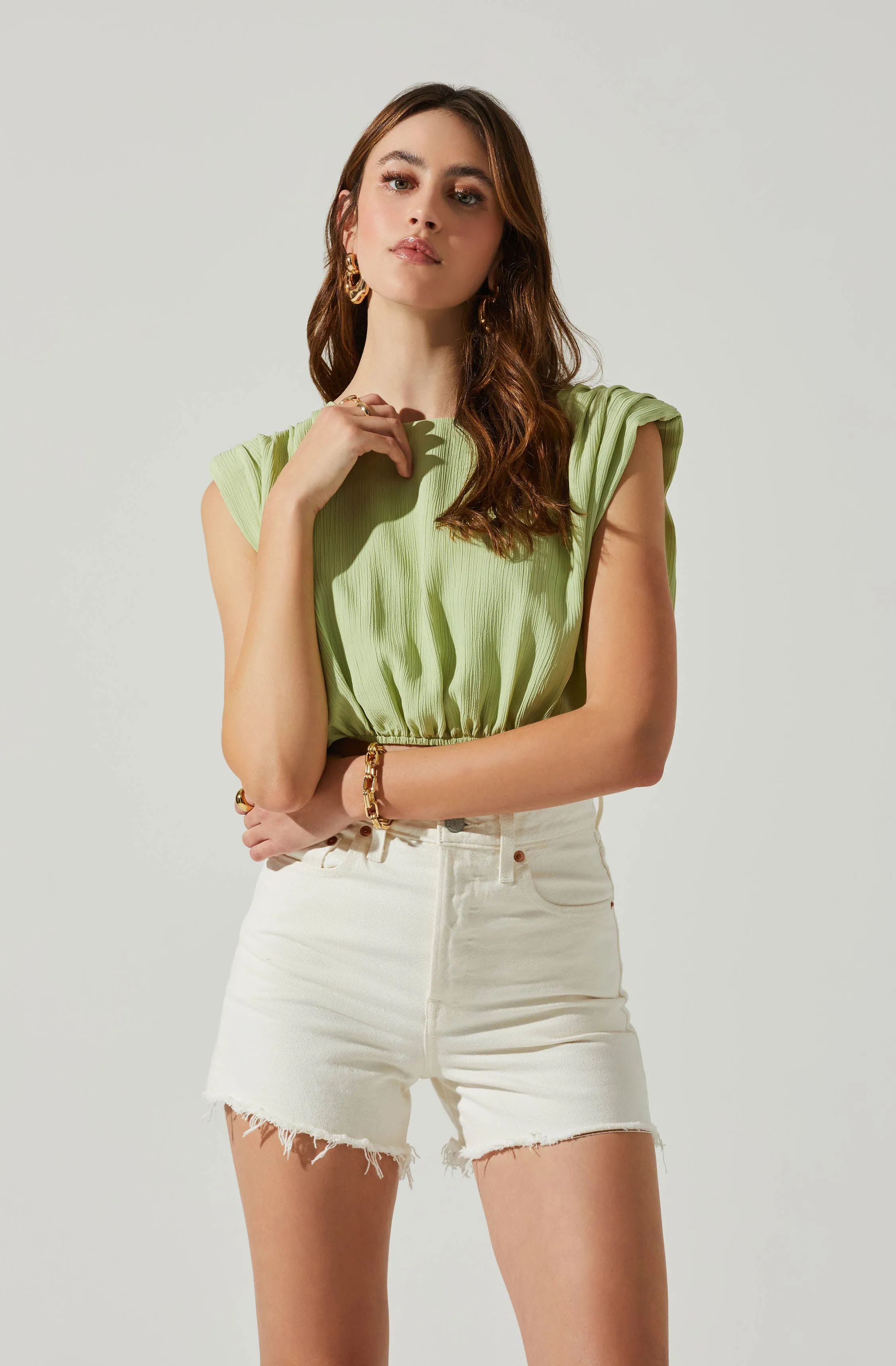 Cropped Plisse Balloon Hem Top