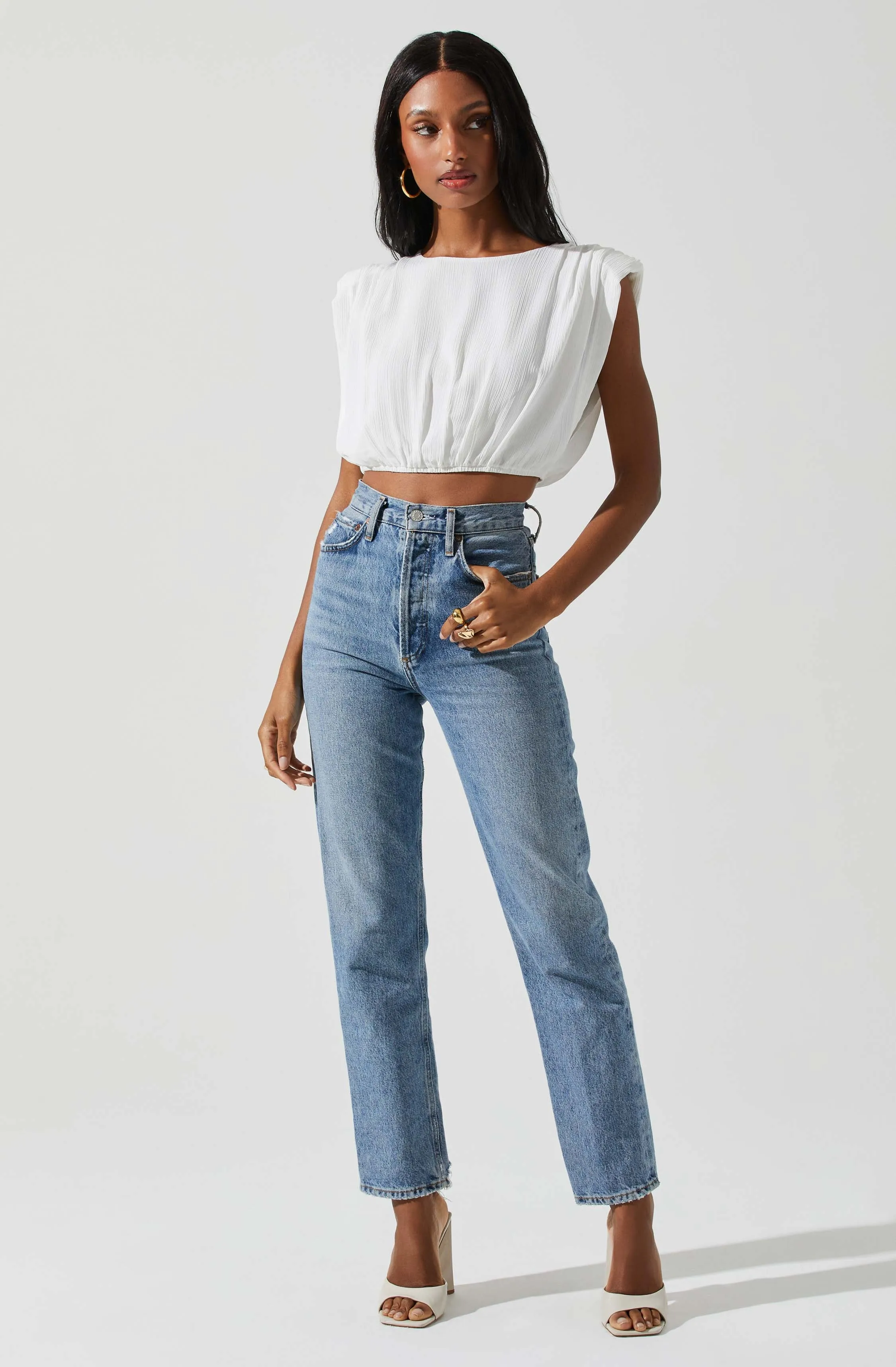 Cropped Plisse Balloon Hem Top