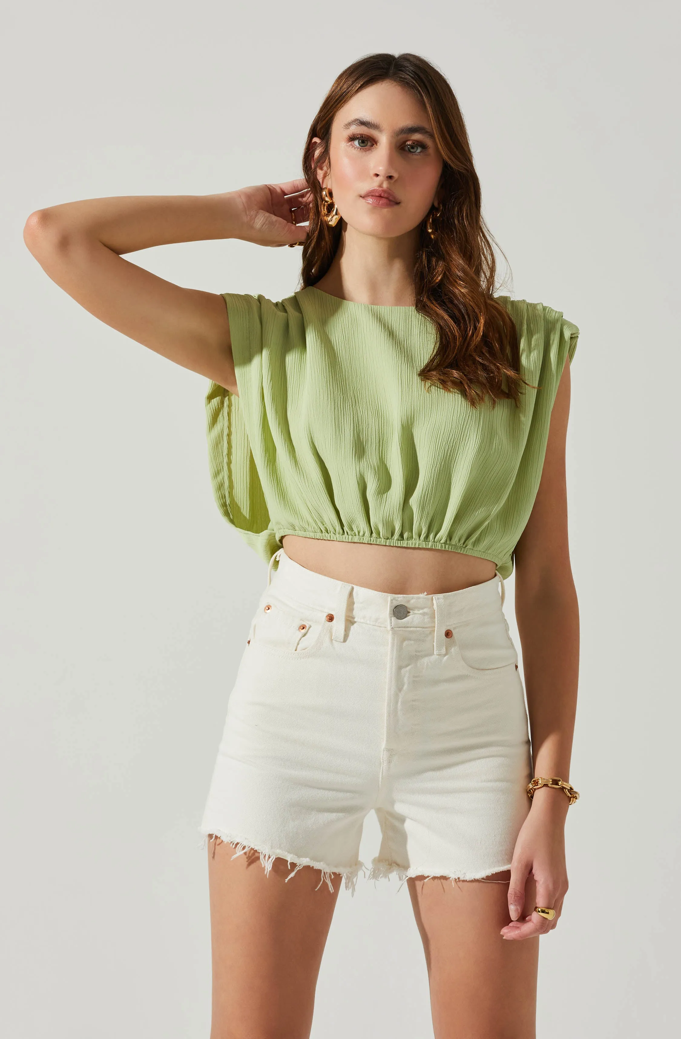 Cropped Plisse Balloon Hem Top