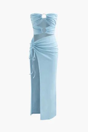 Cut Out Drawstring Slit Strapless Midi Dress