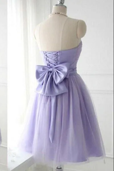 Cute Strapless Flower Lavender Chiffon Short Bridesmaid Dresses with Bow Prom Dresses