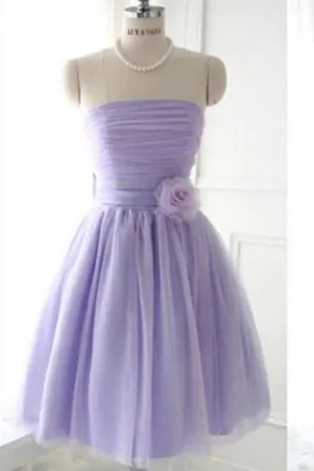 Cute Strapless Flower Lavender Chiffon Short Bridesmaid Dresses with Bow Prom Dresses