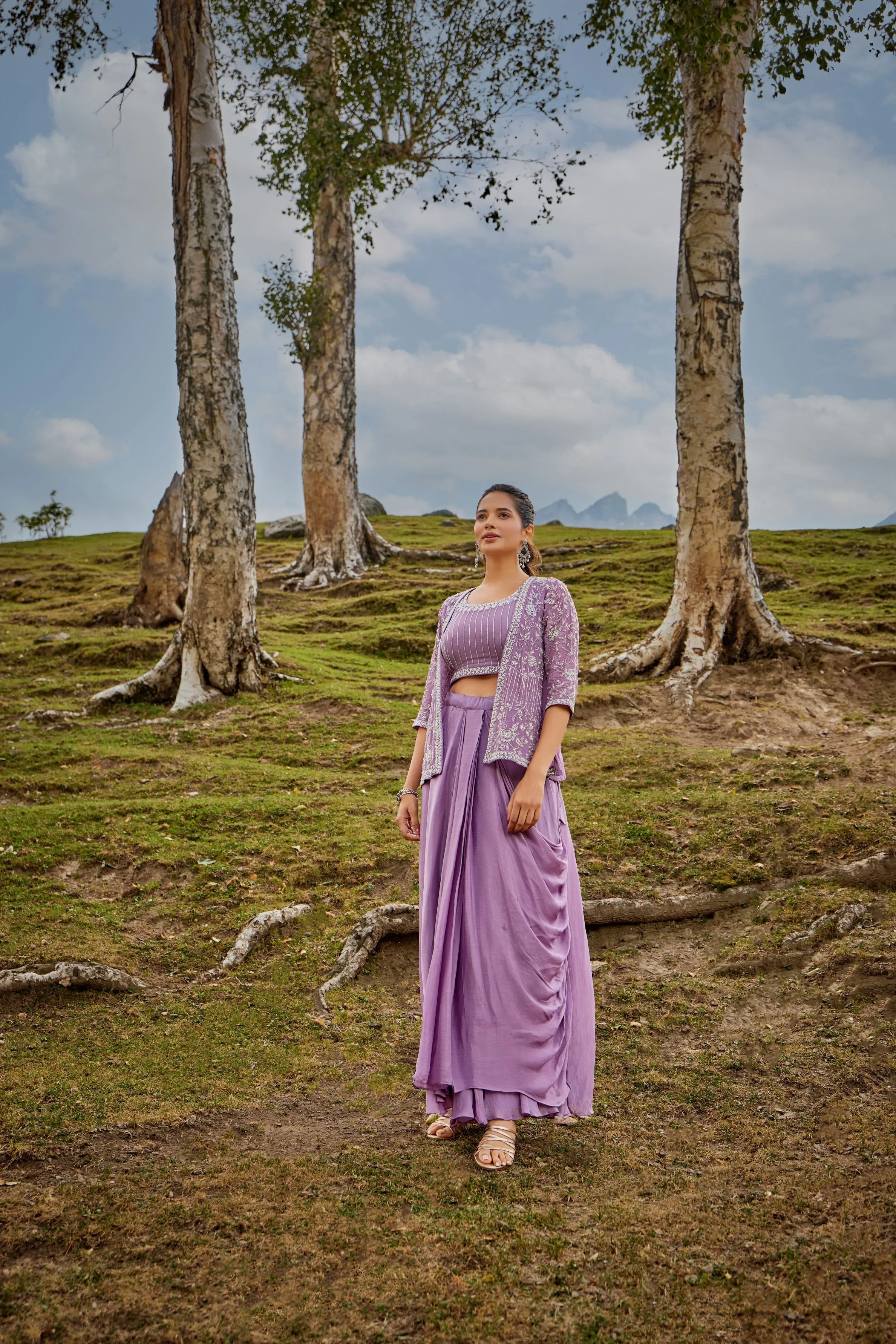 Dark Mauve Embellished Premium Chinon Silk Jacket-Skirt Set